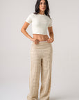 LACE-TRIM CHECKED TROUSERS - BROWN